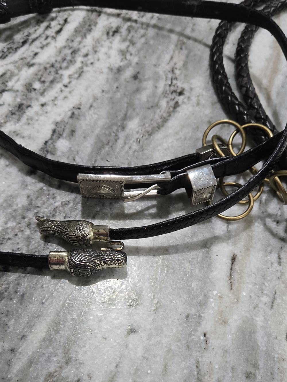 3 belts Black and brown Braided Leather Belts with Silver & bronze Accents